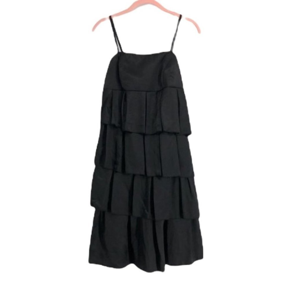 Black satin finish tiered spaghetti strap mini dress